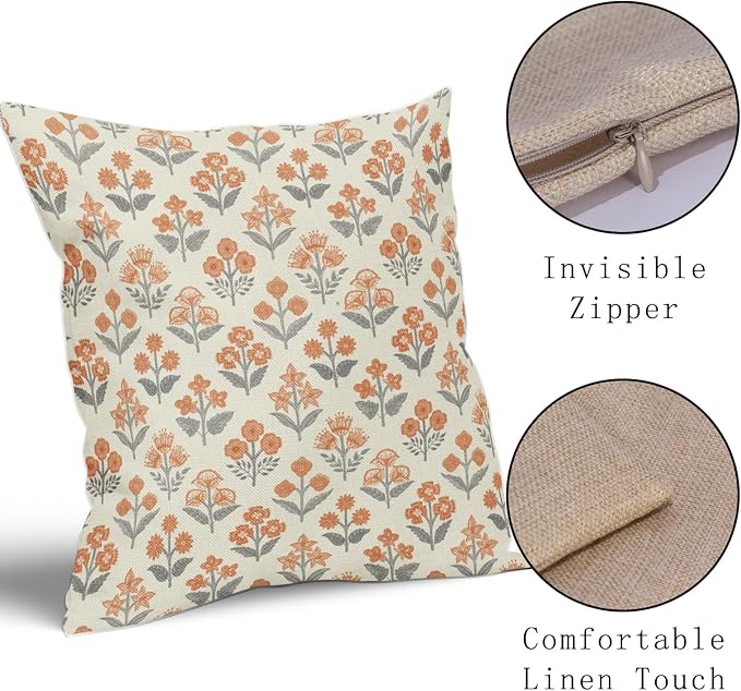 Orange Grey Gray Floral Block Print Pillow Covers 20x20 Inch Set of 2, Vintage Flower Pattern Decorative Throw Pillowcases Outdoor Farmhouse Cushion Covers Spring Summer Rustic Sofa Couch Bed Decor