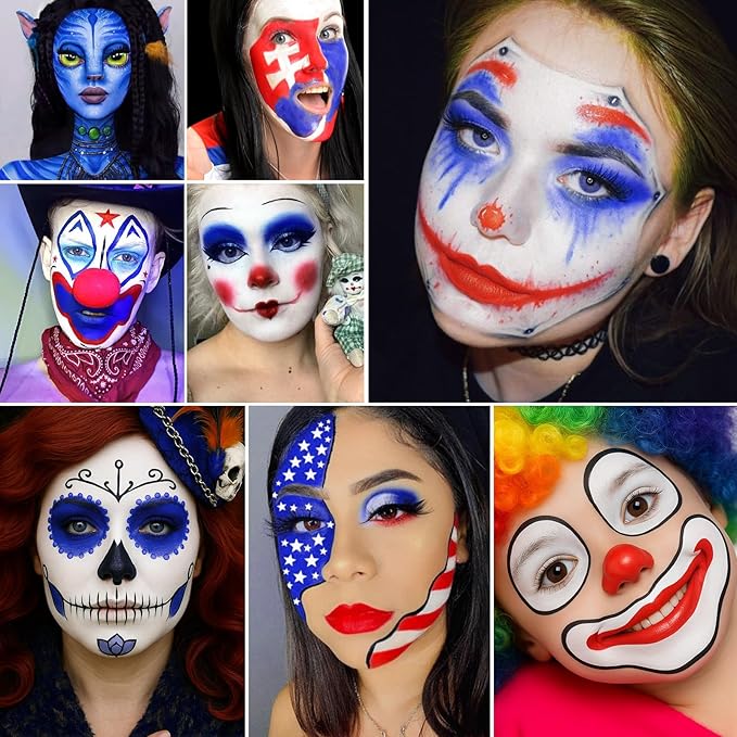 Blue White Red Face Body Paint Halloween makeup Kit, 3 colors Cream Blendable Paints with 5 Brushes, Sponge Applicators & Clown Nose Face Painting Set for Kids Adults Devil SFX Clown Costume Cosplay