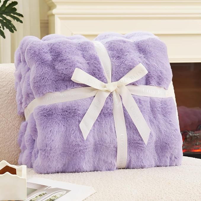 Cozy Bliss Faux Fur Throw Blanket for Couch, Fuzzy Soft Plush Thick Bubble Blanket for Sofa Bedroom Living Room, 50 * 60 Inches Lavender Purple
