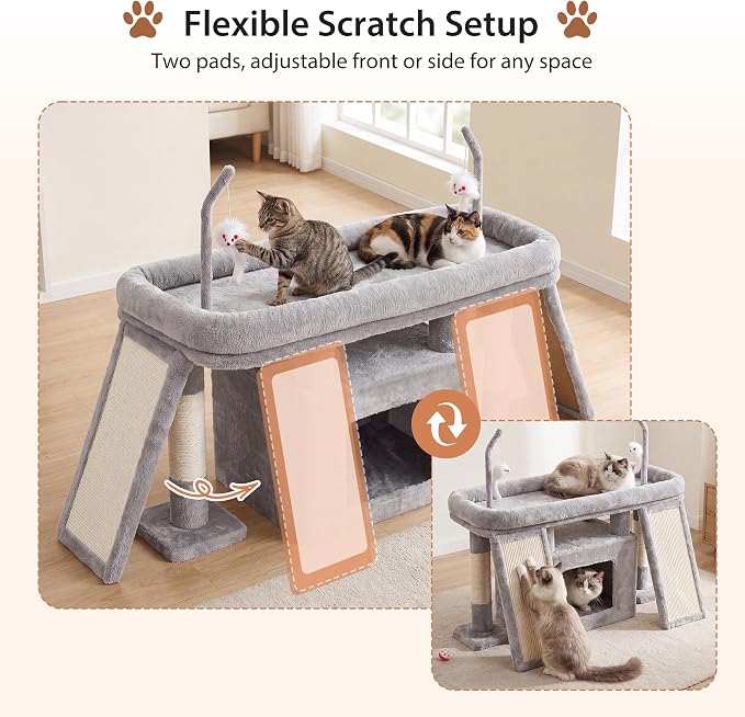 Heybly Cat Tree Extra-Long & Stable 2 Adjustable Scratch Boards HCT210SW | Easy-Climb Cat Tower with Dual-Leg Floor Condo, Sturdy Cat Furniture with Extra Wide Platform & Interactive Toys, Light Gray