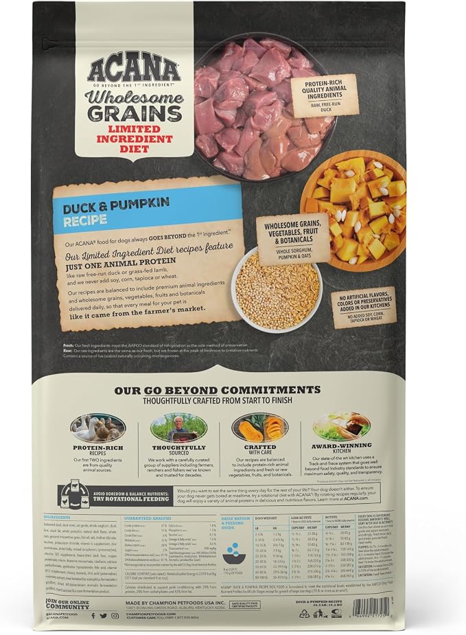 ACANA Wholesome Grains Dry Dog Food Duck & Pumpkin 22.5lb Bag | High Protein, Made in the USA, Includes Probiotics, Limited Ingredient, Global Quality Ingredients