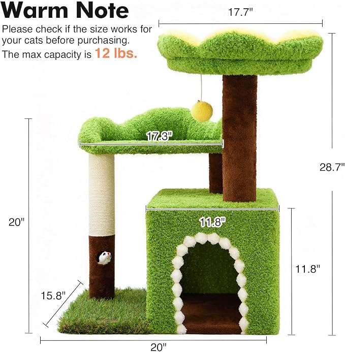 Sunflower Short Cat Tree with Cat Scratching Posts Small Cat Tower | Cat Condo,Cat Perch,Cat Bed 3-in-1 Cat Scratcher for Small Cats and Kittens