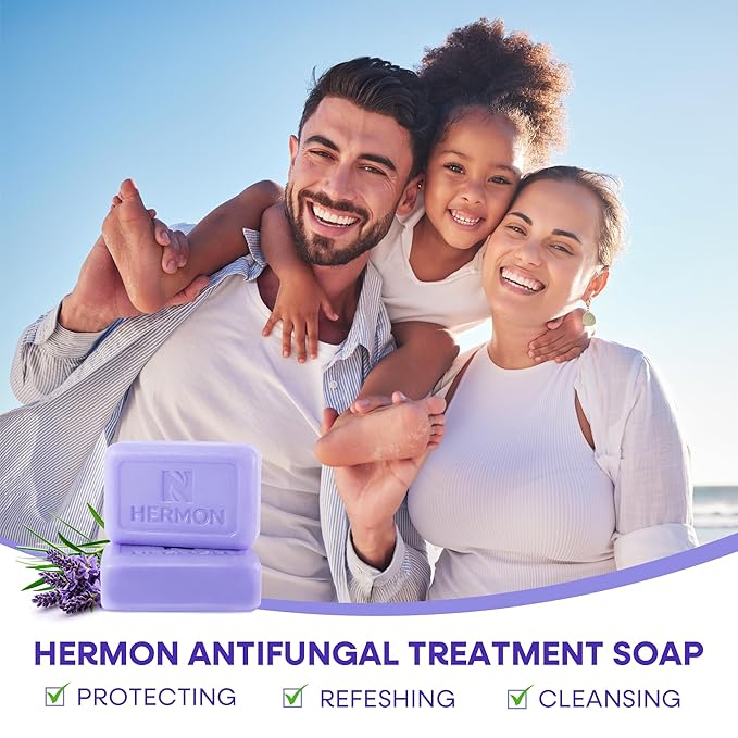 Hermon Antifungal Soap with Tea Tree Oil: Antifungal Bar Soothing Care & Relief of Itchy for Ringworm, Jock Itch, & Athletes Foot - Body & Face Wash - Lavender - 4 Pack