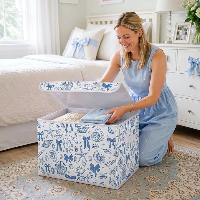 Briwooody Beach Storage Bin with Lid and Carrying Handle Coastal Blue Bow Seashell Foldable Storage Box Summer Bachelorette Party Decorative Collapsible Container Basket for Closet Home Bedroom Gift