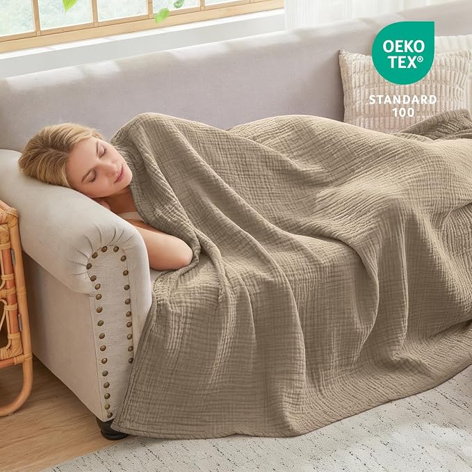EMME Muslin Blankets for Adults Throw Blanket for Couch Breathable Gauze Soft Lightweight Airy Tan Queen 90" x 90"