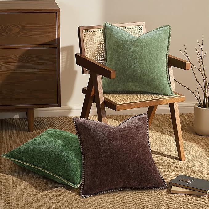 decorUhome Soft Chenille Throw Pillow Covers 16x16 Set of 2 Chocolate | Fall Textured Decorative Throw Pillow Cases Stitched Edge Modern Farmhouse Luxury Boho Velvet for Couch Sofa Bed Home Decor