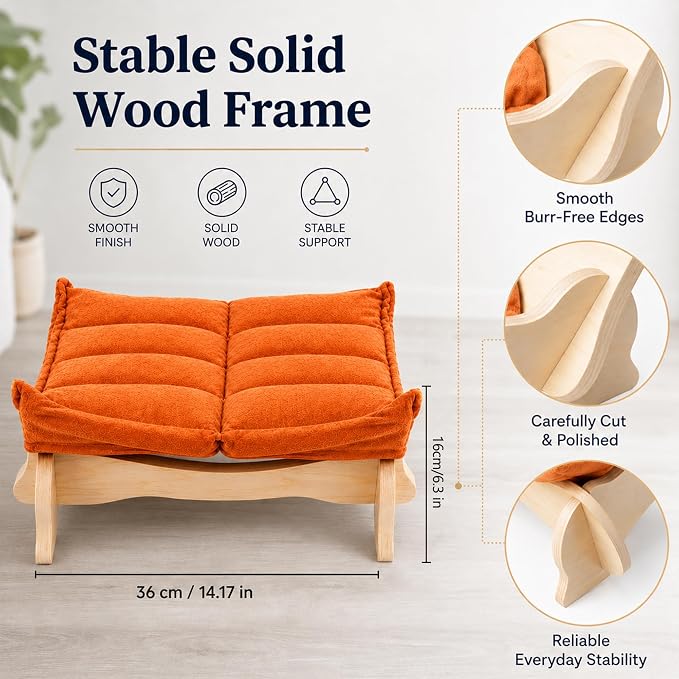 Elevated Cat Bed Wooden with Removable Washable Cushion | Solid Wood Raised Pet Lounge for Indoor Cats and Small Dogs, Cat Furniture for Living Room, Multi Pet Homes