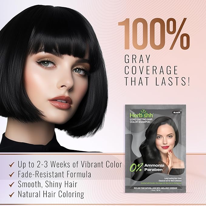 Herbishh Hair Color Shampoo for Gray Hair – Natural Ammonia-Free Hair Dye with Argan Hair Mask – Long Lasting Black Coverage – Easy to Use Travel Pack – 20 Color Shampoo Pouches + 10 Hair Masks