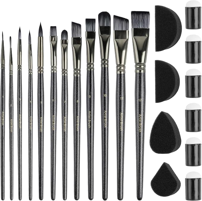 12 Pcs Face Paint Brushes, Nylon Black Paint Brushes Set with 30 Pcs Sponges, Face Painting Brush and Sponge Set for Halloween, Body Art, Acrylic Oil Watercolor Painting