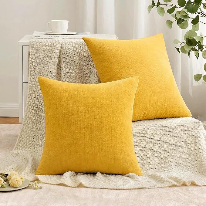MIULEE Yellow Chenille Couch Throw Pillow Covers, 18x18 | Set of 2, Soft Farmhouse Modern Home Decor, Decorative Pillowcases for Sofa Living Room Bed