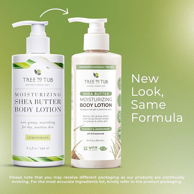 Tree To Tub Cocoa Butter Lotion for Sensitive Skin - Moisturizing Shea Butter Lotion for Extremely Dry Skin for Women & Men - Lemongrass & Coconut Body Cream w/Organic Aloe Vera, Colloidal Oatmeal