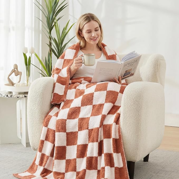 Soft Checkered Throw Blanket for Couch-Cozy Warm Knitted Blankets | Lightweight Warm Fluffy Decor for Women, Mom, Her & Girls, Sofa, Chair, Bed, 50x60in,Autumn Leaf Orange