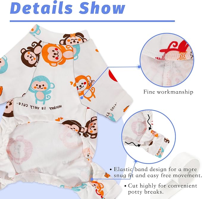Dog Pajamas Comfy Dog Clothes for Small Dogs, 100% Cotton Dog Pjs Stretchy Breathable, Comfy Soft Pet Onesie Designed for Extra Small Sized Dogs Boy Girl Pet Jammies Outfits (Monkeys, X-Small)