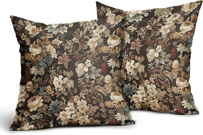 Deep Brown Vintage Floral Pillow Covers 20X20 Inch Set of 2 Boho Ivory White Flower Botanical Decorative Square Pillow Cases Rustic Bohemian Cushion Case Farmhouse Home Decor for Sofa Couch