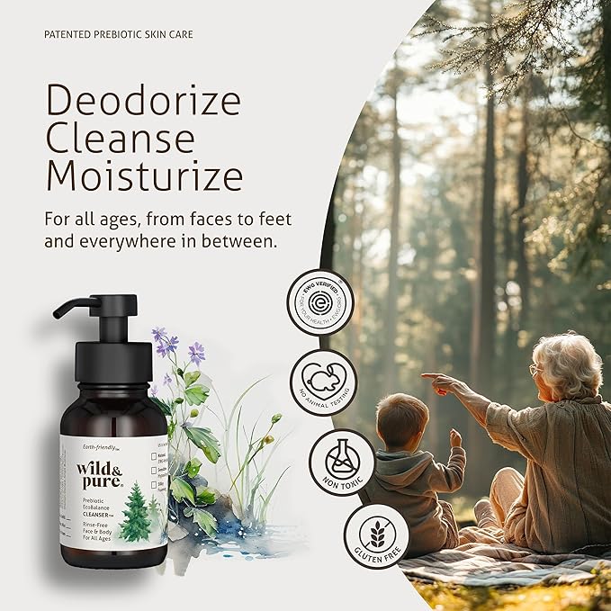 Wild & Pure EWG Verified Natural Foaming Body Wash (8oz) | pH Balanced, Microbiome-Friendly & Plant-Based | No-Rinse Cleanser, Deodorizer, Moisturizer For Face, Hands, Body | Refillable Skincare