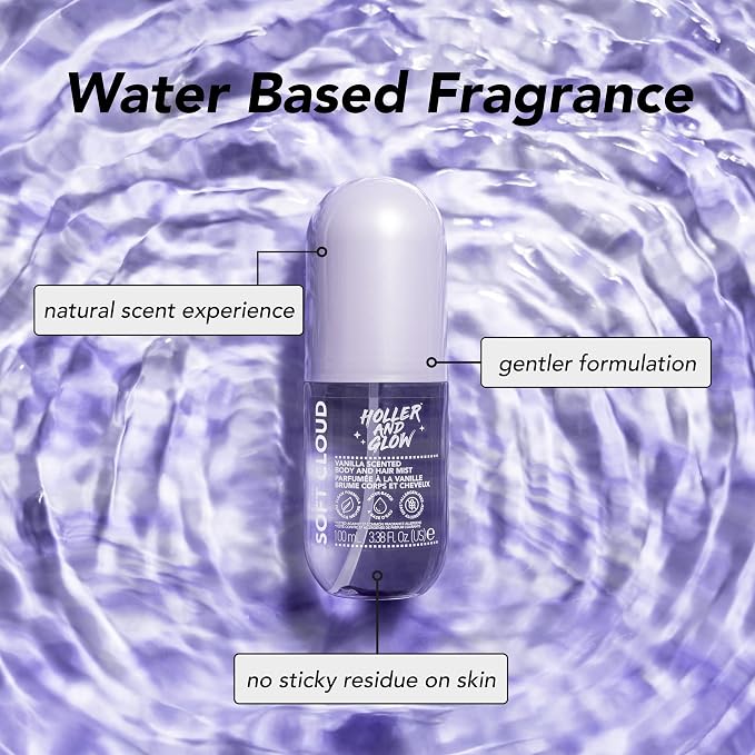 Holler And Glow Mood Boosting Soft Cloud Body & Hair Mist, Body Spray, Teen Girls Spritz, Long Lasting, Vanilla, Sweet Scented, Water Based Fragrance For Tweens, Clean & Gentle Formula, 3.38 Fl Oz
