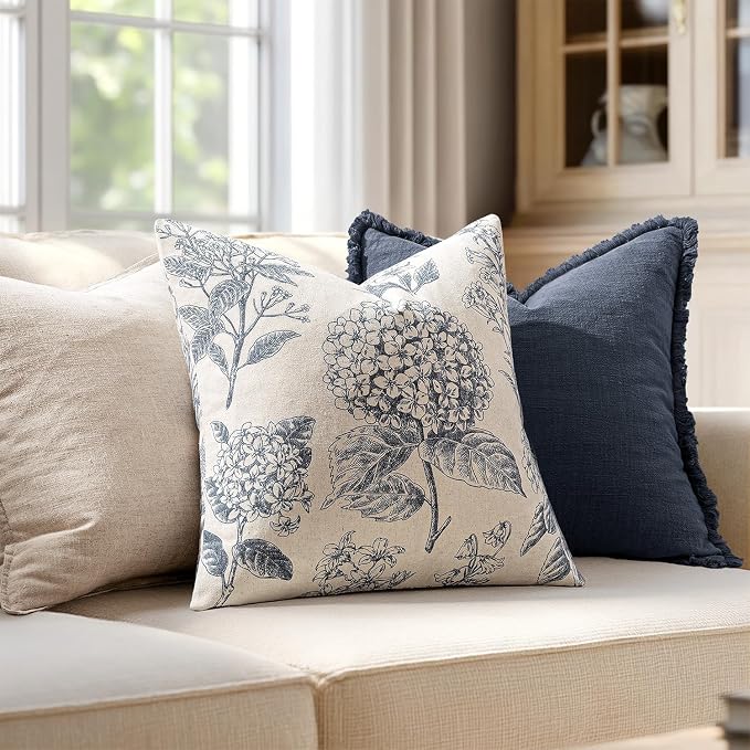 Set of 2 Decorative Floral Pillow Covers 20x20 Inch Light Blue | Neutral Hydrangea Print, Boho Vintage Throw Cushion Covers, Cottagecore Home Decor, for Sofa Couch Porch Bedroom Living Room