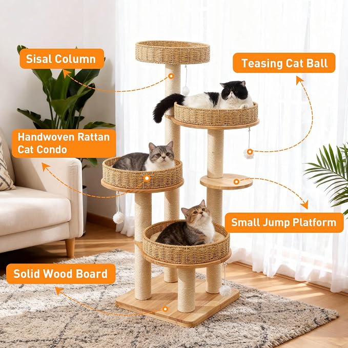 54in Solid Wood Cat Tree for Indoor Cats, Modern Tall Cat Tower | Multi-levels Cat Condo, with Scratching Post, with 4 Handwoven Rattan Cat Bed, for Large Cat, Easy to Clean