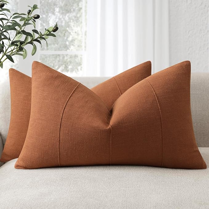12x20 Pillow Covers Set of 2 Decorative Linen Lumbar Pillow Covers Solid Handcrafted Striped Cushion Covers for Bed Soft Modern Farmhouse Neutral Pillowcase for Couch Bedroom Living Room (Rust)