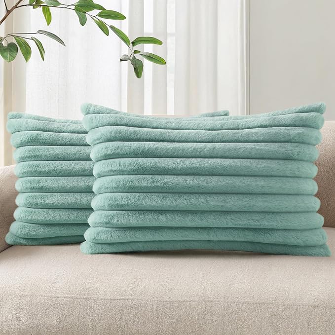 Pallene Faux Fur Decorative Throw Pillow Covers 12x20 Set of 2, Aqua | Luxury Plush Texture, Striped Design, Cozy Soft Touch, Modern Home Accent Decor for Couch, Sofa, Bed, Living Room