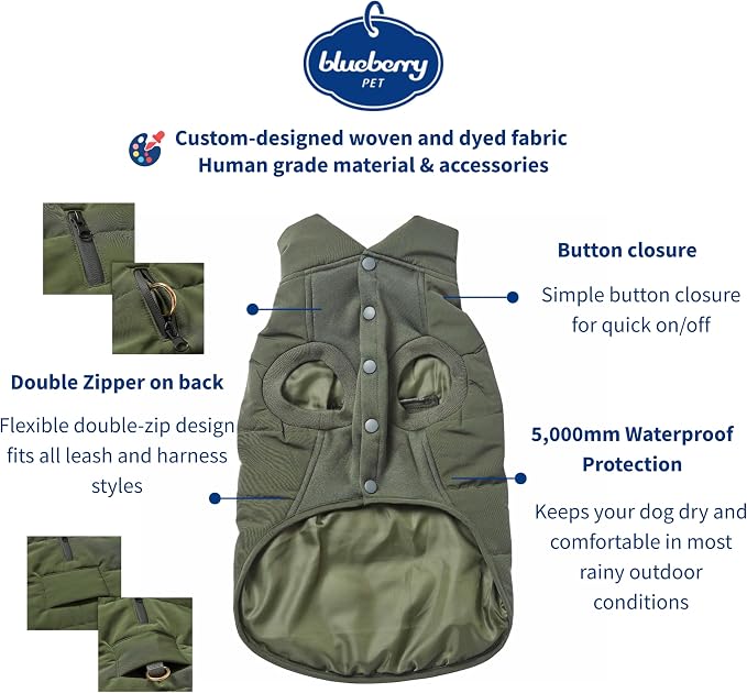 Blueberry Pet Cozy & Comfy Windproof Waterproof Quilted Fall Winter Dog Puffer Jacket in Dark Olive, Back Length 13 3/4", Size 12", Warm Coat for Small Dogs