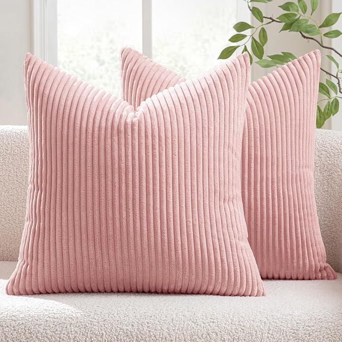 MIULEE Decorative Corduroy Throw Pillow Covers Set of 2 18x18 Pink | Soft Striped Textured Cushion Cases, Boho Square Lovely Cute Pillowcases, Home Decor for Couch Chair Sofa Bed Living Room