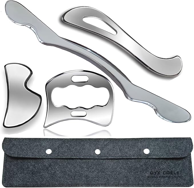Professional Stainless Steel Muscle Scraper Tool Set, Scraping Tool 4-Piece Kit with Case, Physical Therapy and Myofascial Release Massage Tools