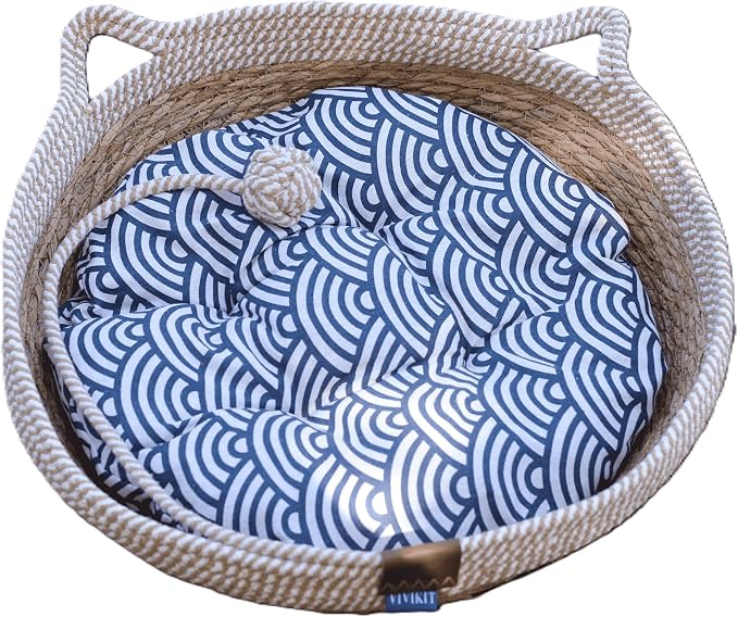 VIVIKIT Natural Cattail Cat Bed for Indoor Cats, 18.1" x 4.7" (Beige) | Naturalcattail, cotton trim, all season, scratch-proof, teaser ball, removable washable pad, for cats & dogs up to 22 lbs