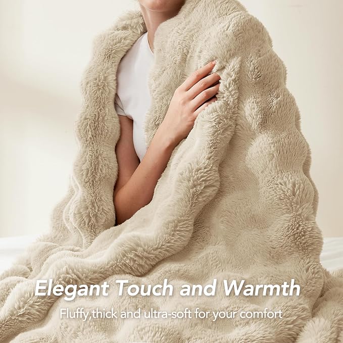 L'AGRATY Faux Rabbit Fur Throw Blanket for Couch, 60'' x 80'' Almond White | Soft Cozy Bubble Fluffy Blanket for Sofa Bed, Thick Warm Plush Fuzzy Throw for Room Home Decor, Luxury Gift for Women Mom