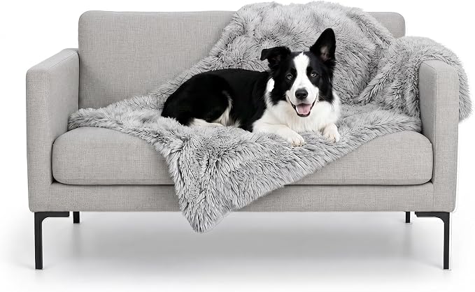 Furhaven Waterproof Throw Blanket for Dogs & Indoor Cats, Washable - Shaggy Plush Calming Long Faux Fur & Velvet Dog Blanket - Mist Gray, Large