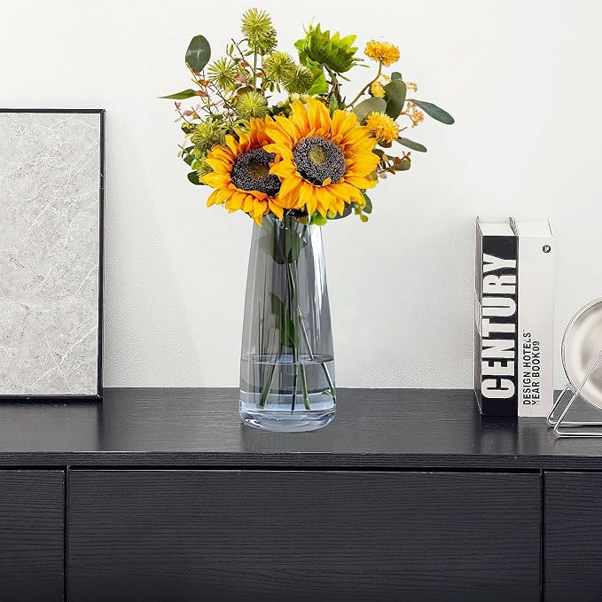 Modern Glass Flower Vase for Home Decor Table Centerpiece, 8.3inch H, Gray | Glass Vases for a Dozen of Flowers, Floral Arrangement,Minimalist Vase for Dinner Table Mantel Entryway Shelf Reception Decor
