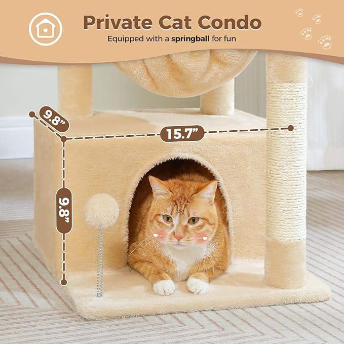 PEQULTI 4-in-1 Cat Tree for Kittens & Small Cats, 33in Beige Tower | Compact 33in cat tower: deep hammock, cozy condo, top perch, sisal post; removable washable cover; wide base for small cats