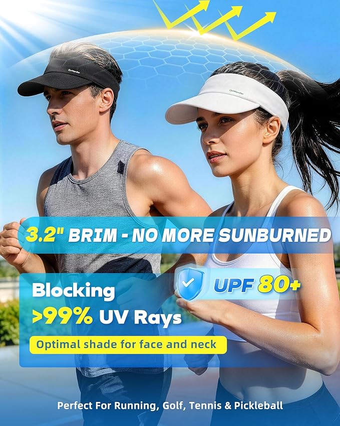 Sun Visor Hats for Women Men - Wide Brim Quick Dry Adjustable Hat | Upf 80+ Sun Protection Sport Hat, Cooling Sweatband; Breathable Quick-Dry Fabric Visors for Running, Tennis, Golf, Sports