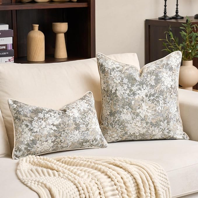 Alerfa Beige Neutral Floral Pillow Cover 12 x 20 Inch, Vintage Chenille Rectangle Couch Pillow Cover Soft Decorative Farmhouse Accent Pillowcase for Living Room Bedroom