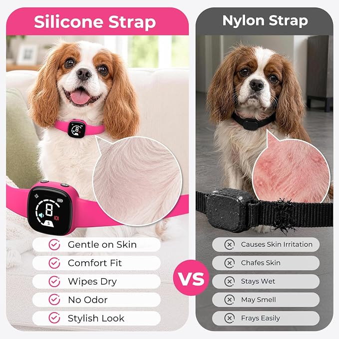 Stop Barking Collar, Dog Bark Collar with Silicone Strap, Bark Collar for Small Medium Large Dogs, Fashionable and Light-Weight Bark Collar with Beep & Vibration, 8 Sensitivity, Peach Pink