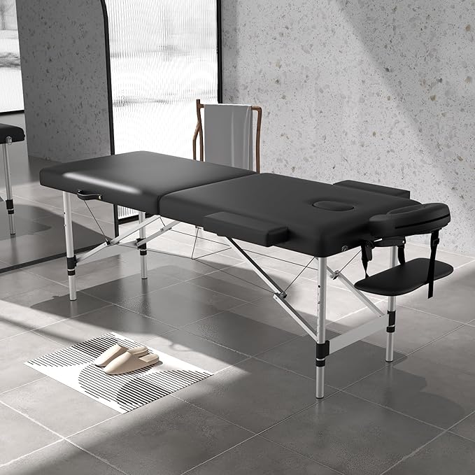 Massage Table Massage Bed, Portable 2 Section Foldable Tattoo Bed, Height Adjustable Lash Spa Bed with Face Cradle, Home Light Weight Facial Salon Bed with Aluminum Frame, Black