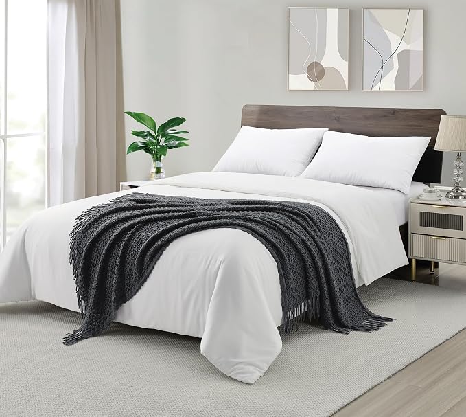 CREVENT Farmhouse Boho Knitted Throw Blanket for Couch Sofa Chair Bed Home Decoration, Soft Warm Cozy Light Weight for Spring Summer Fall (50''X60'' Dark Grey)