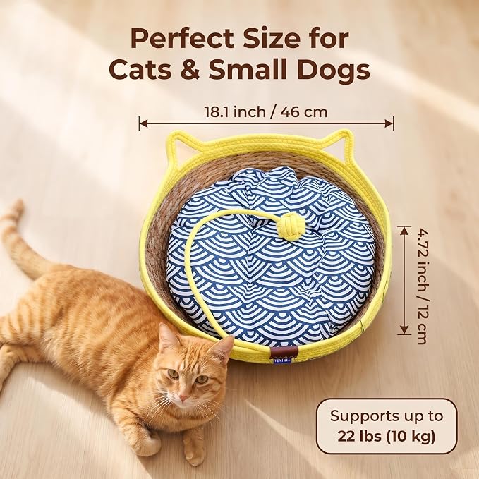 VIVIKIT Natural Cattail Cat Bed for Indoor Cats, 18.1" x 4.7"（Yellow） | Natural cattail, cotton trim, all season, scratch-proof, teaser ball, removable washable pad, for cats & dogs up to 22 lbs