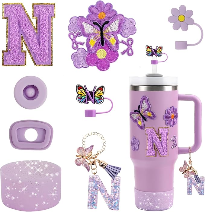 15PCS Cup Accessories Set for Stanley Cup 30oz 40oz Tumbler with Handle, Including Silicone Straw Cover and Boot, Spill Proof Stopper, Stanley Charms, Handle Charm, Initials Sticker