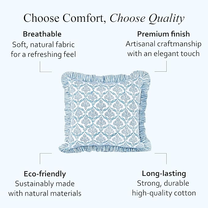 CPC Indigo Regal Hand Block Print 100% Cotton Ruffle Throw Pillow Cover 18x18 inch with Hidden Zipper Decorative for Couch, Bed, Sofa, Farmhouse, Cottagecore Decor Gift Christmas Fall Thanksgiving