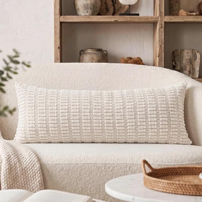 Fancy Homi Decorative Throw Pillow Covers for Bed Couch Bedroom Bench, Soft Corduroy Solid Pillow Case, Rustic Farmhouse Boho Room Decor,54" x 20" (Pack of 1),Cream