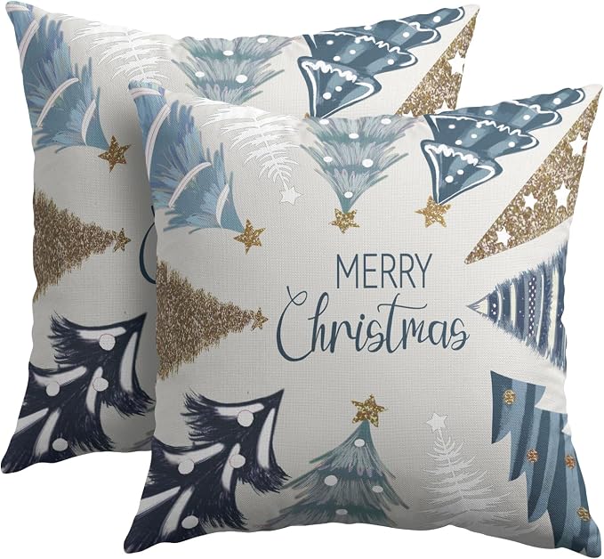 Kawani Merry Christmas Throw Pillow Covers 16 x 16 Inches, Set of 2 Blue White Xmas Trees Vintage Farmhouse Cotton Linen Square Pillowcases for Sofa Couch Bed Cushion Decoration