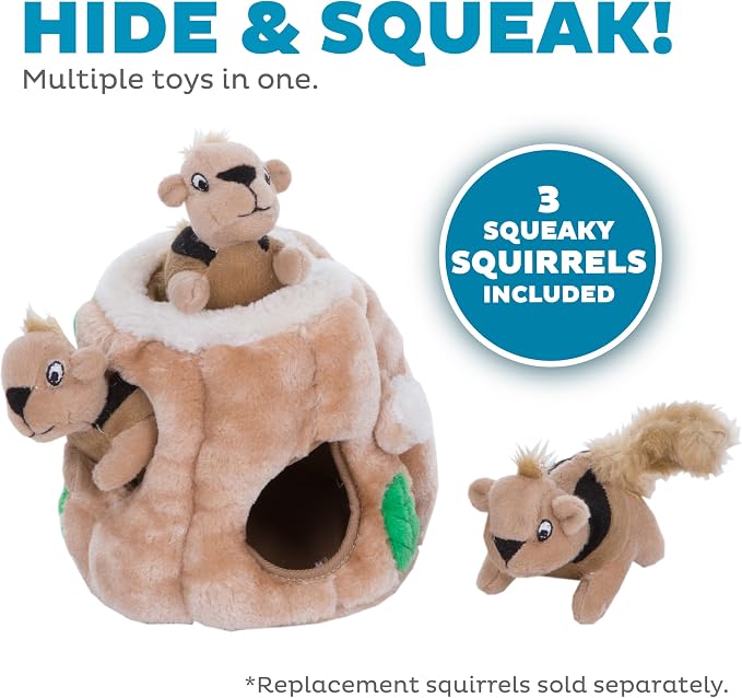 Outward Hound Hide-A-Squirrel Dog Toy – Interactive 2‑in‑1 Plush Puzzle with 3 Squeaky Removable Squirrels, Small (Pack of 12)