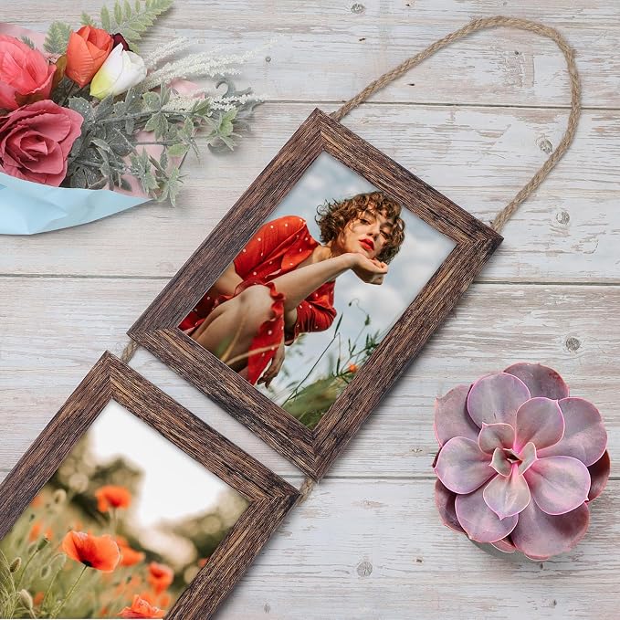 QUTREY Collage Picture Frames 5x7, 3 Openings Hanging Photo Frame Set for Vertical 5 by 7 inch Pictures for Wall, Distressed Brown, 2 Pack