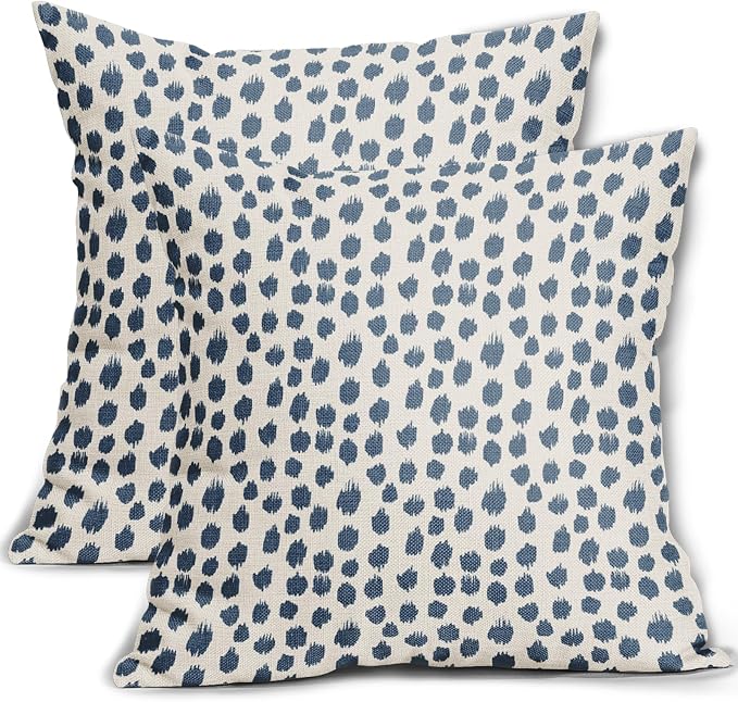 Dusty Blue Cream Pillow Covers 16x16 Set of 2 Boho Design Polka Dot Throw Pillows Modern Brush Strokes Print Decorative Outdoor Pillowcase Square Cushion Cover Linen Pillow Case for Sofa Couch Bed