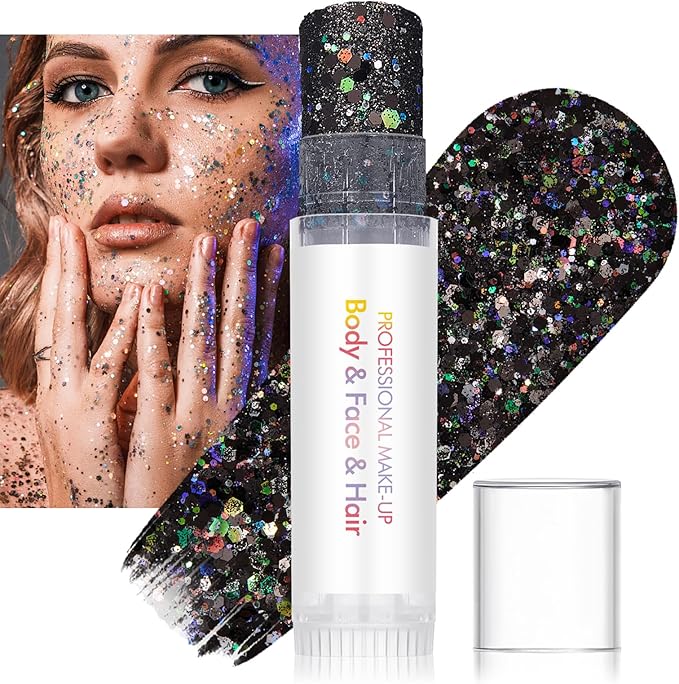 3PCS Body Glitter Stick,Face Hair Glitter Makeup,Music Festival Concert Outfit Rave Pride Accessories for Women,Mermaid Sequins Chunky Glitter Face Paint,Hair Glitter Gel for Kids