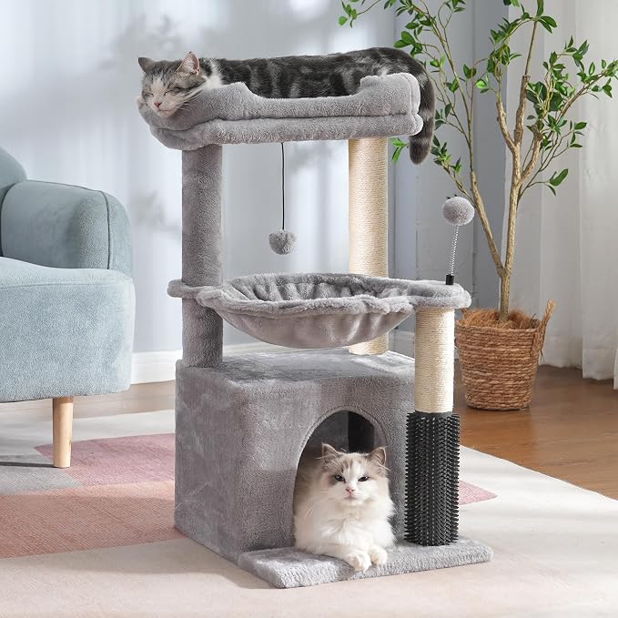Cat Tree 32” Small Cat Tower with Large Hammock 16”& Self Groomer | Compact Cat Tree with Hammock 16” Dia, Removable Bed, Scratching Post & Self Groomer Small Cat Tree for Indoor & Adult Cats