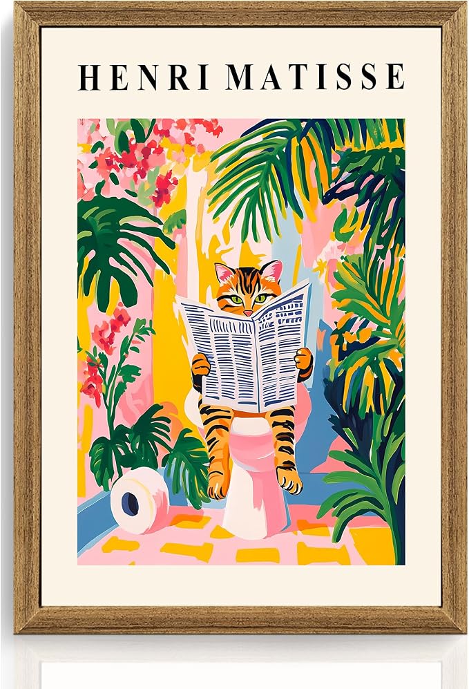 ICHZUMW Framed Funny Tabby Cat Matisse Canvas Bathroom Wall Art, 16x24 In | Humorous Cat Reading on Toilet, Girly Pink Dopamine Bathroom Wall Decor, Restroom Powder Room, Fade Resistant, Ready to Hang