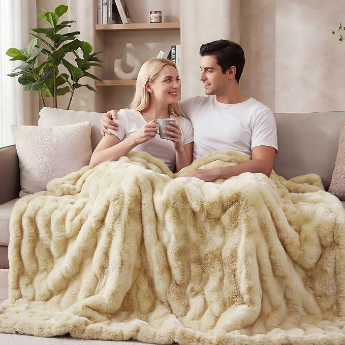 ORINOVA Light Tie-dye Yellow Thick Throw Blanket for Couch Living Room 50x60 Fluffy Bed Furry Comforter Soft Blanket Best Housewarming Home Gifts 860 GSM