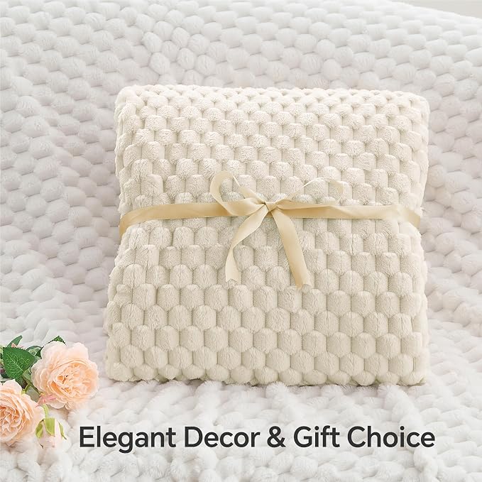 BEDELITE Cream Twin Blanket for Couch, Soft Cozy Gifts for Women, 60 * 80 | 3D Jacquard Decorative Fleece Blanket, Super Soft Plush Throws, Cute Birthday Gift for Women & Men, Suitable for All Seasons